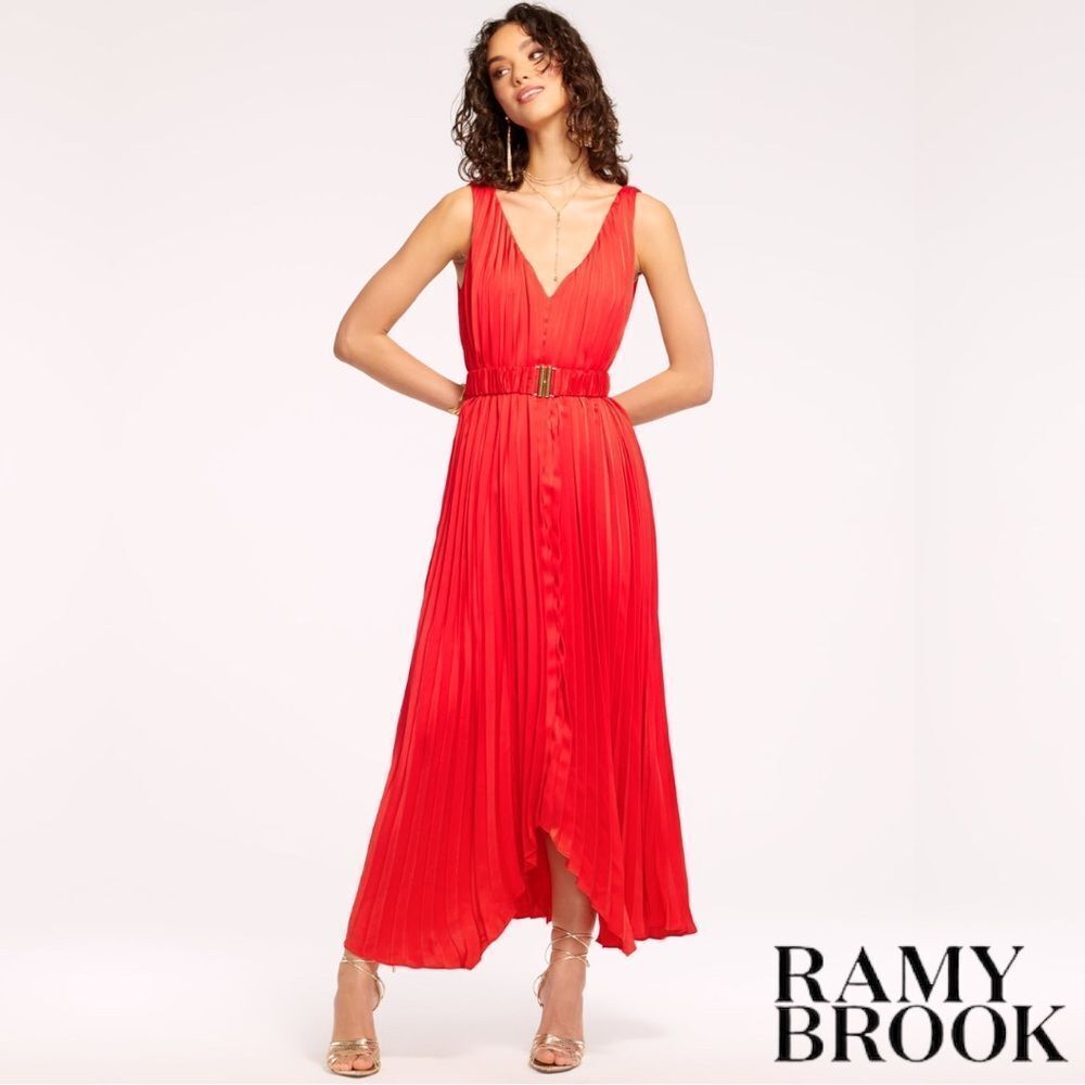 RAMY BROOK **NWT** Asher Satin/Silk Belted Maxi Dress in Grenadine Red